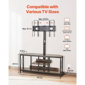 Mobile TV da 45 pollici con supporto per TV fino a 75 pollici, centro intrattenimento con luce LED, presa di corrente e altezza regolabile - Product Image 3