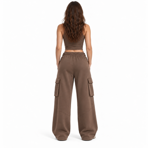 Pantalon de jogging cargo décontracté marron chocolat pour femme, coupe large, taille élastique avec cordon de serrage, poches utilitaires, style streetwear - Product Image 6