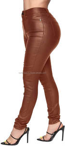 Prêt de stock personnalisé femmes crayon pantalon marron en cuir PU taille haute fermeture éclair braguette avec poches plaquées pour fête style porter - Product Image 5
