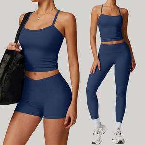 Yoga Sets 3 Pieces Sets Yoga Leggings Shorts for Women Fitness Tops Yoga Tights Workout Vest with Chest <b>Pad</b> for Ladies - Product Image 5