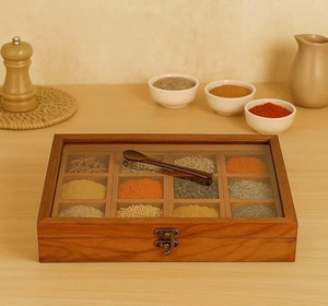 Boîte à épices en bois artisanale avec couvercle en verre, 12 compartiments, Masala Dabba, organisateur d'épices de cuisine, Masala Dani en bois, assaisonnement - Product Image 3