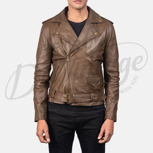 Veste de motard en cuir marron de qualité supérieure pour homme, en véritable peau de mouton, avec fermeture éclair asymétrique et ceinture, style sport et mode - Product Image 1