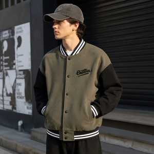 Chaqueta Varsity Personalizada con Bordado, de Lana/Poliéster, con Calefacción, para Hombre, Color Verde Oliva con Mangas Negras, Estilo Casual, para Invierno - Product Image 1
