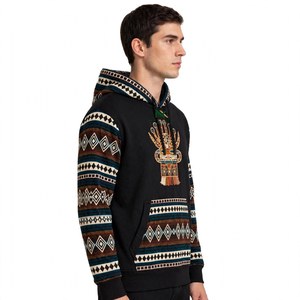 Sweat à capuche unisexe en molleton de coton noir avec broderie de masque tribal et imprimé géométrique sud-ouest, style streetwear décontracté pour l'hiver - Product Image 3