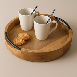 Round Wooden Serving Tray in Brown Mango with Handles Handmade <b>Rustic</b> Decorative Platter for <b>Coffee</b> <b>Table</b> Kitchen Dining - Product Image 3
