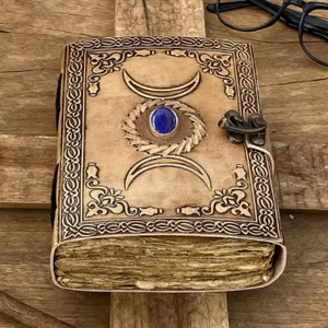 Vintage 7x5 Charcoal Leather Hardcover Journal A5 Notebook Deckle Edge <b>School</b> Use Wiccan Spell <b>Book</b> Featuring Third Eye Gift - Product Image 1