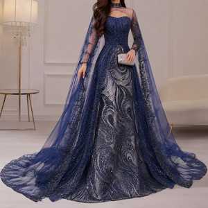 Vestido de Noche Azul Marino de Satén con Bordado y Cuentas, Estilo Sirena, con Mangas Transparentes, Elegante, Largo hasta el Suelo, para Fiesta Formal o Baile de Graduación - Product Image 1