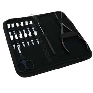 Nouvel ensemble d'outils pour extensions capillaires avec pinces à micro-anneaux, crochet d'enfilage, ciseaux de précision, pinces de sectionnement, emballé dans un étui de rangement - Product Image 1