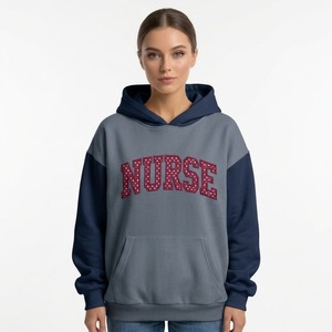 <b>Women's</b> Color Block Hoodie Grey <b>Navy</b> Long Sleeve Pullover With NURSE Letter Print Front Kangaroo Pocket - Product Image 1