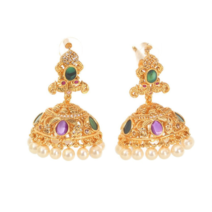 Boucles d'oreilles pendantes de créateur JeweleMarket avec pierre de pot et perle, Jhumki raffiné 10575654PGR - Product Image 2