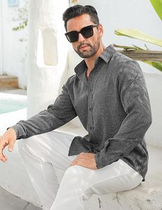 Camicia da <span class=keywords><strong>uomo</strong></span> in misto lino con bottoni – Camicia casual leggera a maniche lunghe per spiaggia, vacanze e matrimoni - Product Image 2