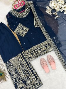 Ensemble Sharara brodé bleu marine pour filles avec dupatta en tulle – Tenue ethnique de fête et de mariage pour enfants – Vente en gros - Product Image 4