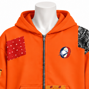 Sweat-shirt à capuche zippé surdimensionné en patchwork orange, imprimé, style streetwear décontracté, unisexe - Product Image 3