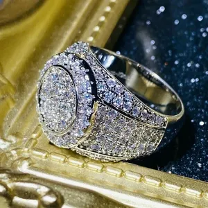 Moissanite Iced Out <b>Ring</b> 925 Sterling <b>Silver</b> Hip Hop <b>Ring</b> Round Cluster Diamond Look Luxury <b>Statement</b> Jewelry Gold Plated <b>Ring</b> - Product Image 5