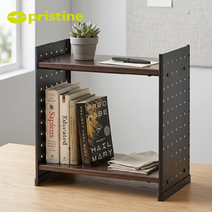 Étagère à livres minimaliste noire à double niveau en métal, réglable en hauteur, de type sur pied, pour le rangement dans le salon ou sur le bureau - Product Image 3