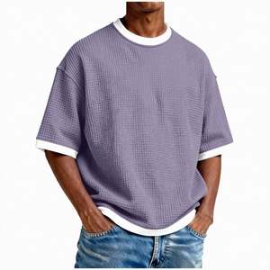 Camiseta Corta para Hombre al por Mayor OEM, Corte Cuadrado Regular, Hombro Caído, Manga Corta, Peso Medio, Cuello Redondo, Tejido Waffle Básico, 100% Algodón - Product Image 1