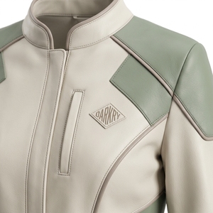 White Cream Green Panel Genuine Leather Women <b>Cafe</b> <b>Racer</b> Motorcycle <b>Jacket</b> Band Collar Zip Front Outerwear Coat - Product Image 6