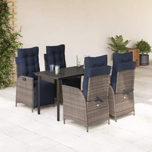 Ensemble de salle à manger de jardin noir avec table, chaises grises et coussins bleu marine - Product Image 1