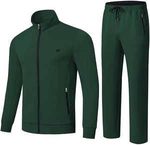 Ensemble de survêtement vert uni pour homme, manches longues, col montant, fermeture éclair sur le devant, respirant, en polyester, tenue décontractée, coupe classique, automne - Product Image 5