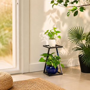 Étagère à plantes en fer noir à 2 niveaux avec étagères à lattes carrées, support moderne à double niveau pour pots de fleurs pour la maison, le balcon, la terrasse - Product Image 5