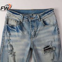 Celana Jeans Pria Slim Fit Straight Mid Waist Ripped Distressed Stonewashed Solid Winter Formal Rivet Button Washed