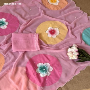 New Arrival Premium Quality Georgette with Handbrush Flower & Khatli-Handwork <b>Saree</b>-<b>Blouse</b> Set Supplier from India Woman Fashion - Product Image 1