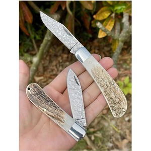 มีดพกเหล็กดามัสกัส ใบมีดทรงดรอปพอยต์ ด้ามทำจากเขากวาง 2 ใบมีด เปิดด้วยปุ่มนิ้วโป้ง - Product Image 2