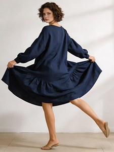 Robe longue élégante pour femmes, bleu marine uni, col rond, manches longues bouffantes, ourlet à plusieurs niveaux, style bohème, robe d'été décontractée - Product Image 2