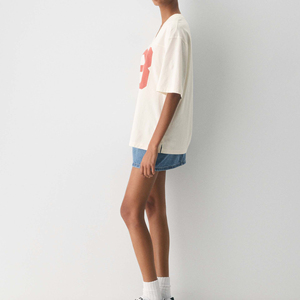 T-shirt décontracté d'été pour femme, col en V, manches courtes, 100 % coton tricoté, grande taille, délavé, respirant et séchage rapide, style vintage - Product Image 4