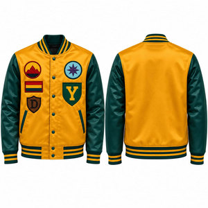 Veste universitaire en PU jaune-vert pour homme avec motifs de patchs, style preppy, col rabattu, coupe classique, vêtement d'automne - Product Image 1