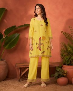 Yellow Embroidered 100% Cotton Women's Vintage Casual Kurta <b>Pyjama</b> Set Half Sleeve 2 Piece Outfit Regular Fit <b>for</b> Party Daily - Product Image 1