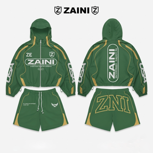 Men Windbreaker Short <b>Set</b> 120 GSM Micro Polyester Water Resistant Green Gold Panel Design Custom Sublimation Print OEM ODM - Product Image 1