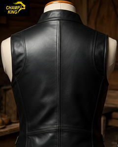 CHAMP KING Chaleco de cuero de vaca desgastado para hombre con solapas de doble botonadura - Product Image 4