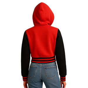 เสื้อแจ็คเก็ตฮู้ดดี้ทรงครอปสีแดงและดำสำหรับผู้หญิง ติดกระดุมแป๊กด้านหน้า ปักลายแบบกำหนดเอง สไตล์สตรีทแวร์ - Product Image 5