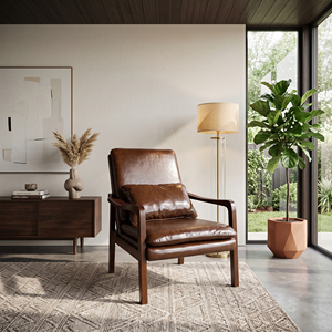 Brown Leather <b>Armchair</b> with <b>Wooden</b> Legs Midcentury Modern Lounge Chair MT Furniture 3-Year Warranty Foam Filled for Living Room - Product Image 5