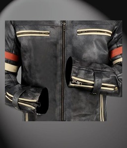 Vintage Black <b>Leather</b> Cafe Racer <b>Jacket</b> with <b>Retro</b> Red & White Stripes Classic Biker Style with Zippered Pockets and Cuffs - Product Image 2