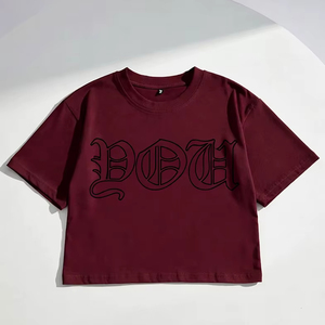 Women's Crop Top <b>T</b>-<b>Shirt</b> Maroon <b>Gothic</b> Logo Print Streetwear Loose Fit Crew Neck Short Sleeve 100% Cotton Jersey Breathable - Product Image 1