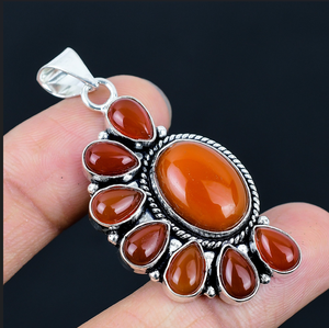 Natural Red carnelien Gemstone 925 Silver Plated Half Flower Pendant, Floral Necklace Charm, women's jewellery, Handmade Pendant - Product Image 2