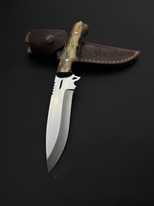 Cuchillo de Supervivencia Alemán de Acero Inoxidable, Hoja Fija, Cuchillo de Caza con Borde Parcialmente Dentado, Mango de Nogal y Funda de Cuero - Product Image 5