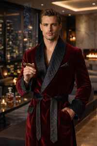 Bata Acolchada de Terciopelo Borgoña para Hombre, Ropa de Estar de Lujo, Elegante Bata de Felpa para el Hogar, Regalo - Product Image 3