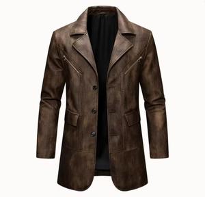 Chaqueta de Motociclista de Cuero PU Marrón para Hombre, Cuello Alto, Cierre de Cremallera, Corte Ajustado, Informal, para Invierno, con Logotipo Frontal - Product Image 1