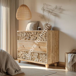 Commode à 3 tiroirs en bois massif artisanal de luxe, ornée de sculptures florales tropicales, finition naturelle en bois de manguier - Product Image 5