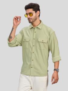 Chemise décontractée pour homme, vert clair, 100% polyester, bouton unique, deux poches, col rabattu, manches longues, séchage rapide, respirante, imprimée - Product Image 3