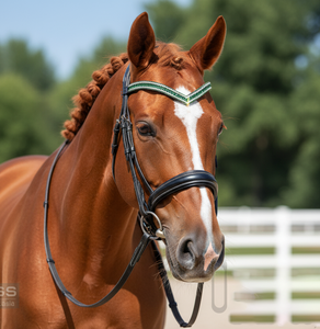 Bride de cheval en cuir de qualité supérieure avec bande frontale en cristal vert en forme de V, logo personnalisé, taille ajustable, emballage en boîte - Product Image 1