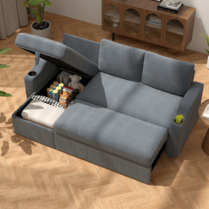 Sofá Cama Seccional en Forma de L, Moderno y Convertible, de Pana, con Almacenamiento, Portavasos y Reposabrazos para Sala de Estar - Product Image 2
