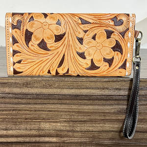 Hot Selling Hand Tooled Genuine Leather Floral Leaf Pattern <b>Women</b> Clutch Multipurpose Card & Cash Holder Wallet <b>Purse</b> for Gifts - Product Image 5