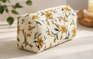 <b>Quilted</b> Cotton Floral <b>Makeup</b> <b>Bag</b> Mustard Printed Cosmetic Pouch Travel Toiletry Organizer Handmade Indian Textile <b>Bag</b> - Product Image 1