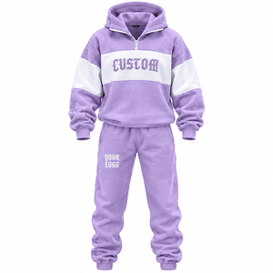 Sudadera con capucha de forro polar 100% algodón, cortavientos, con bloques de color y bordado personalizado, conjunto unisex oversize con cremallera de un cuarto, estilo casual streetwear - Product Image 2