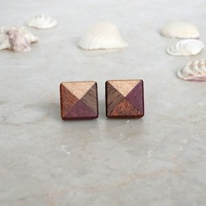 Boucles d'oreilles carrées en bois, design géométrique, incrustations de bois multicolores, composants de bijoux, connecteurs - Product Image 3