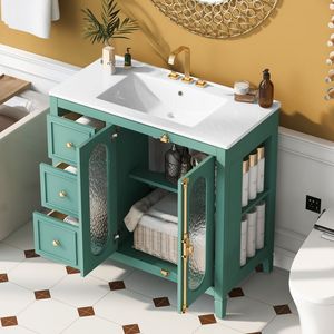 Mobile Bagno Moderno da 36 Pollici con Struttura in Legno Massello, 3 Cassetti e 2 Ante con Chiusura Ammortizzata - Collezione 2023 - Product Image 3